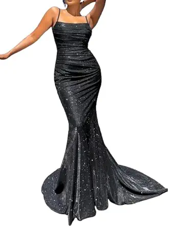 Women's Sexy Plus Size Sequin Backless Mermaid Prom Long Cocktail Party Dress Black