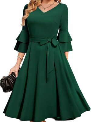 Women's Plus Size 3/4th Bell Sleeves Bridesmaid Dresses (Bottle Green)