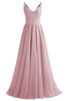 V-Neck Bridesmaid Dresses for Women 2024 Lace Appliques Chiffon Prom Dress Formal Evening Party Gowns（Pink）