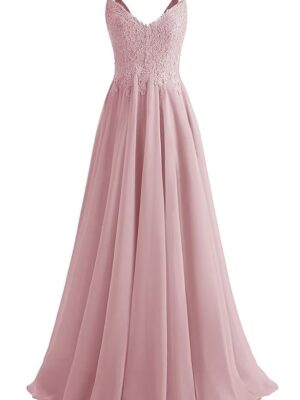 V-Neck Bridesmaid Dresses for Women 2024 Lace Appliques Chiffon Prom Dress Formal Evening Party Gowns(Pink)