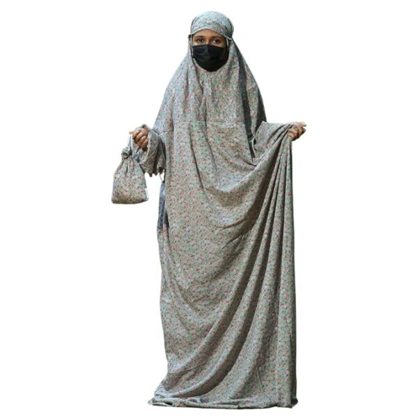 Islamic Prayer Dress for Women- Free Size, Muslim Dress with Hijab, Jilbab/Namaz Khimar/Prayer Clothes Niqab Khimar, Islamic Premium Prayer Clothes, Light Green floral Print color