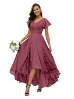 Tea Length Mother of The Bride Dresses for Wedding 2024 Lace Ruffle Sleeves Chiffon Ruched Bridesmaid Formal Dress