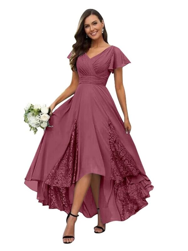 Tea Length Mother of The Bride Dresses for Wedding 2024 Lace Ruffle Sleeves Chiffon Ruched Bridesmaid Formal Dress