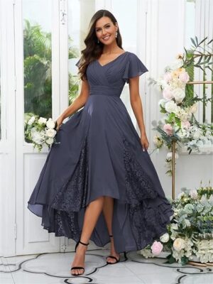 Tea Length Mother of The Bride Dresses for Wedding 2024 Lace Ruffle Sleeves Chiffon Ruched Bridesmaid Formal Dress（Desert Rose）
