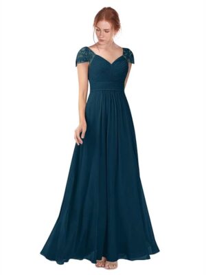 Women's Lace V Neck Prom Dress Long Chiffon Bridesmaid Dresses Formal Evening Gowns(Steel Blue)
