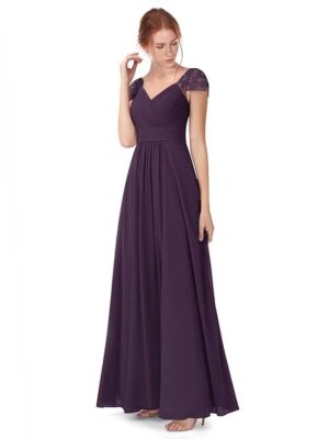Women's Lace V Neck Prom Dress Long Chiffon Bridesmaid Dresses Formal Evening Gowns（Purple）