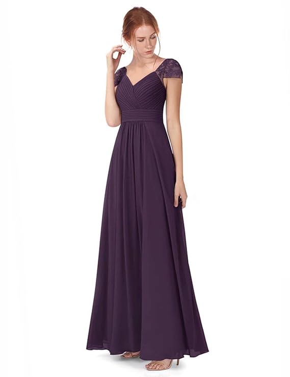 Women's Lace V Neck Prom Dress Long Chiffon Bridesmaid Dresses Formal Evening Gowns（Purple）