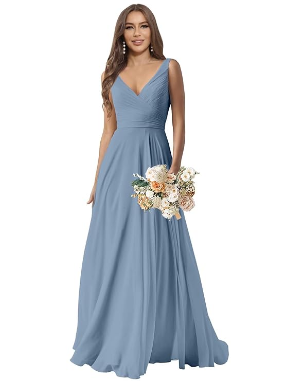 Women's V-Neck Chiffon Bridesmaid Dress Long A-line Formal Evening Prom Gowns（Blue）