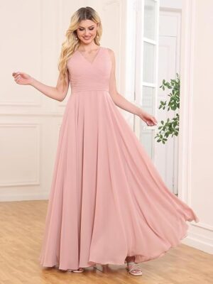 Women's V-Neck Chiffon Bridesmaid Dress Long A-line Formal Evening Prom Gowns（Pink）