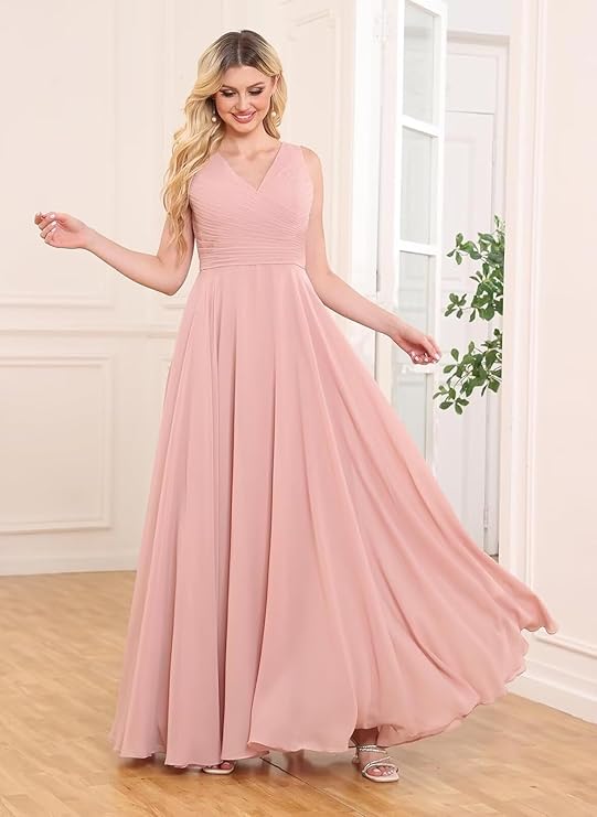 Women's V-Neck Chiffon Bridesmaid Dress Long A-line Formal Evening Prom Gowns（Pink）