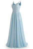 V-Neck Bridesmaid Dresses for Women 2024 Lace Appliques Chiffon Prom Dress Formal Evening Party Gowns(Blue)