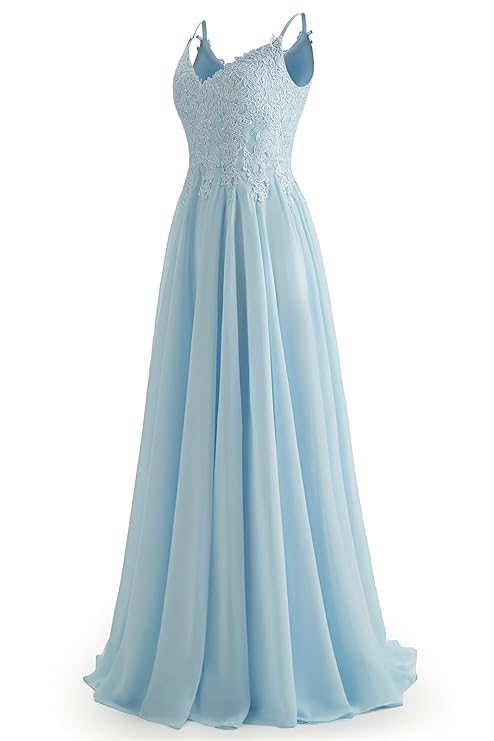 V-Neck Bridesmaid Dresses for Women 2024 Lace Appliques Chiffon Prom Dress Formal Evening Party Gowns(Blue)