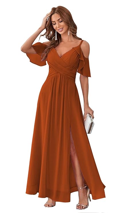 Women's Cold Shoulder Chiffon Bridesmaids Dresses with Slit Long Formal Party Dress for Junior (Burnt Orange)