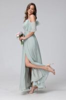 Women's Cold Shoulder Chiffon Bridesmaids Dresses with Slit Long Formal Party Dress for Junior (Blue)