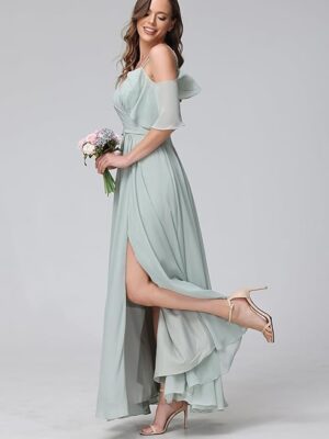 Women's Cold Shoulder Chiffon Bridesmaids Dresses with Slit Long Formal Party Dress for Junior (Blue)