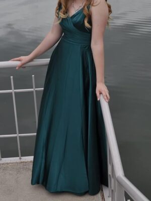 V Neck Prom Dress Satin Bridesmaid Dresses Long Slit Formal Evening Gowns for Women (Royal Green)