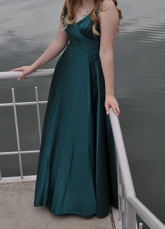 V Neck Prom Dress Satin Bridesmaid Dresses Long Slit Formal Evening Gowns for Women (Royal Green)