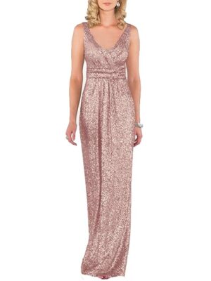 Sequin Bridesmaid Dresses Long Rose Gold V Neck Party Gowns