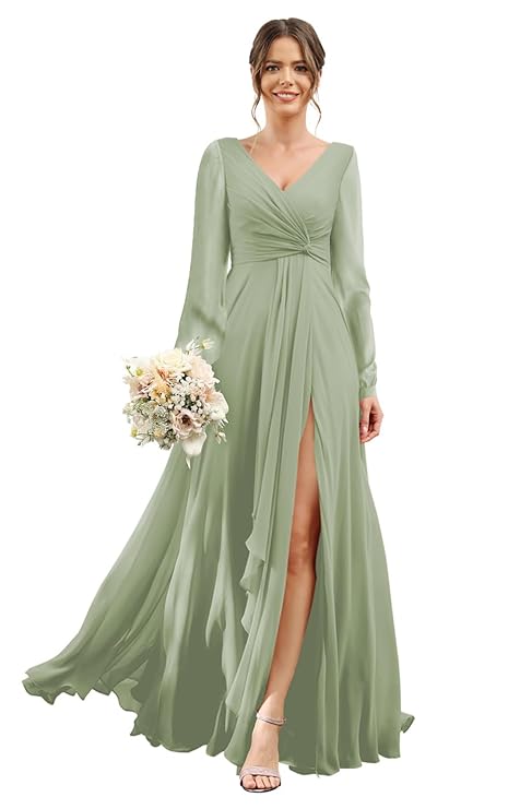 Chiffon Bridesmaid Dresses 2024 for Women with Slit V Neck Long Sleeve Flowy Formal Dresses with Pockets RO001 （Green）