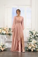 Chiffon Bridesmaid Dresses 2024 for Women with Slit V Neck Long Sleeve Flowy Formal Dresses with Pockets RO001 （Pink）