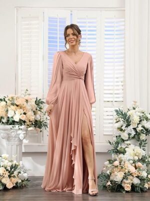 Chiffon Bridesmaid Dresses 2024 for Women with Slit V Neck Long Sleeve Flowy Formal Dresses with Pockets RO001 （Pink）