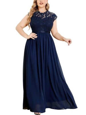 Women's Formal Floral Lace Plus Size Bridesmaid Party Maxi Dress Navy Blue