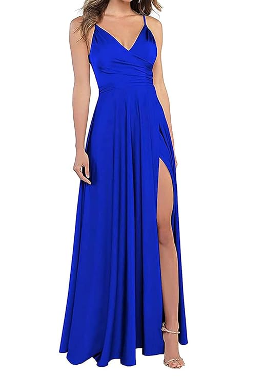 V Neck Prom Dress Satin Bridesmaid Dresses Long Slit Formal Evening Gowns for Women HS001