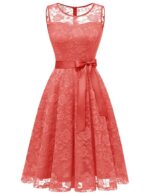 Women's Floral Lace Dress Short Bridesmaid Dresses with Sheer Neckline Coral
