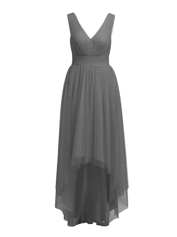 High Low Bridesmaid Dresses Tulle Hi-Lo Prom Party Dress V-Neck Evening Formal Gowns (Grey)