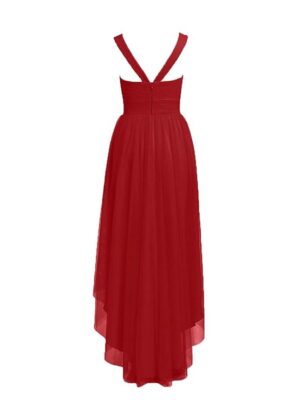 High Low Bridesmaid Dresses Tulle Hi-Lo Prom Party Dress V-Neck Evening Formal Gowns (Red)