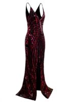 Long Slit Prom Dresses Deep V Neck Sequin Mermaid Bridesmaid Evening Dress (Red)