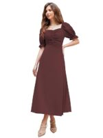 Girl's & Women's Solid A-Line Ruched Puff Sleeve Maxi Long Evening One Piece Long Dress for Women Stylish (Brown)