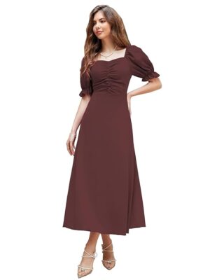 Girl's & Women's Solid A-Line Ruched Puff Sleeve Maxi Long Evening One Piece Long Dress for Women Stylish (Brown)