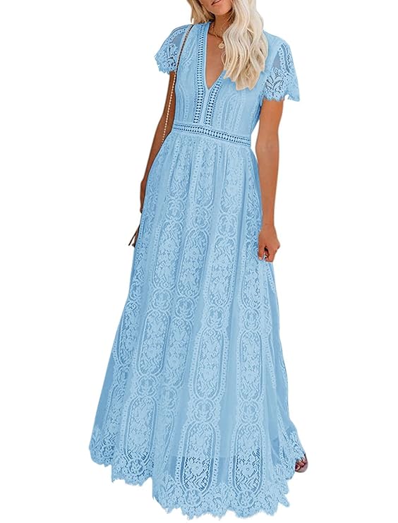 Women's V Neck Short Sleeve Floral Lace Wedding Dress Bridesmaid Cocktail Party Maxi Dress (Light Blue)