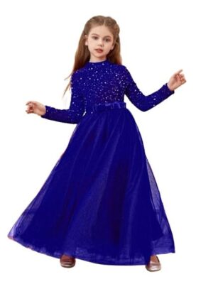 Glitter Sequins Long Sleeves Flower Girls Dresses for Wedding Tulle Birthday Party Christmas Dress for Girl (BLUE)
