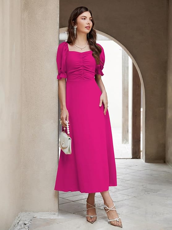 Girl's & Women's Solid A-Line Ruched Puff Sleeve Maxi Long Evening One Piece Long Dress for Women Stylish (Hot Pink)