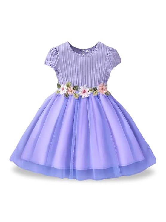 Girls’ Lilac Flower Waist, Tulle Skirt, Puff Sleeve, Elegant Birthday, Soft Lining Dress (Purple)