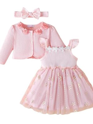 Girls Pink Short Sleeves Flower Detail Shrug Dress