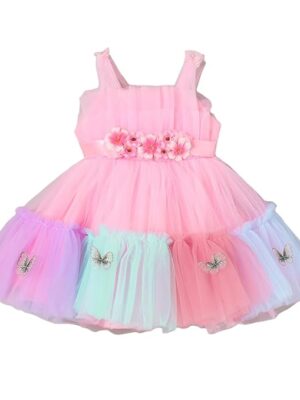 Girls Multi Sleeveless Rainbow Oversized Bow Flower Belt Dress