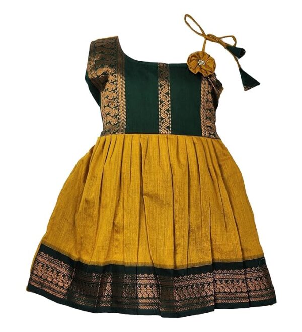 Girl's Traditional Ethnic Wear Kalyani Cotton Flower Knot Frock (Golden Yellow)