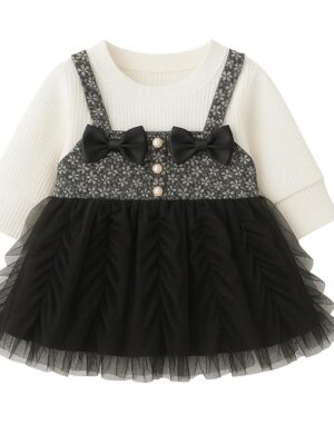 Baby Girl Long Sleeve Princess Dress – Soft Cotton Round Neck Flower Dress for Toddler Girls, Birthday, Party & Casual Wear (Black AD53)