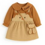 Baby Girl Long Sleeve Princess Dress – Soft Cotton Round Neck Flower Dress for Toddler Girls, Birthday, Party & Casual Wear (Brown Ad41)