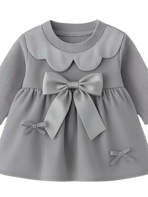 Baby Girl Long Sleeve Princess Dress – Soft Cotton Round Neck Flower Dress for Toddler Girls, Birthday, Party & Casual Wear (Grey AD2)