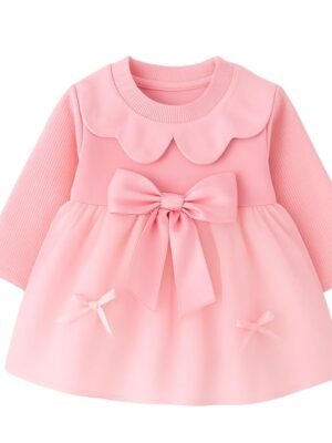 Baby Girl Long Sleeve Princess Dress – Soft Cotton Round Neck Flower Dress for Toddler Girls, Birthday, Party & Casual Wear (Pink AD2)