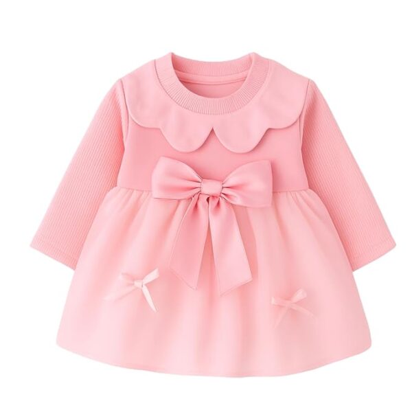 Baby Girl Long Sleeve Princess Dress – Soft Cotton Round Neck Flower Dress for Toddler Girls, Birthday, Party & Casual Wear (Pink AD2)