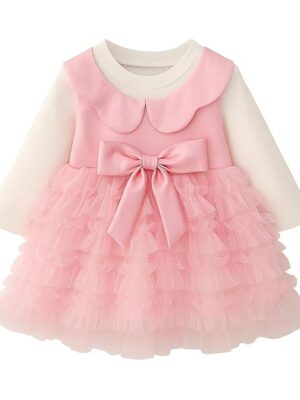 Baby Girl Long Sleeve Princess Dress – Soft Cotton Round Neck Flower Dress for Toddler Girls, Birthday, Party & Casual Wear (Pink AD3)