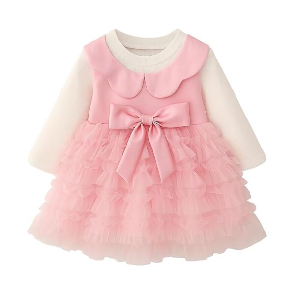 Baby Girl Long Sleeve Princess Dress – Soft Cotton Round Neck Flower Dress for Toddler Girls, Birthday, Party & Casual Wear (Pink AD3)