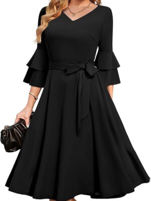 Women's Plus Size 3/4th Bell Sleeves Bridesmaid Dresses （Black）