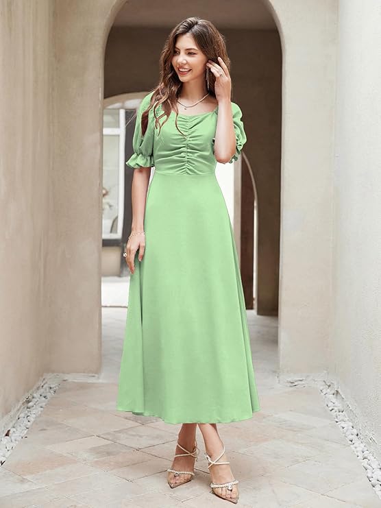 Girl's & Women's Solid A-Line Ruched Puff Sleeve Maxi Long Evening One Piece Long Dress for Women Stylish (Pista)