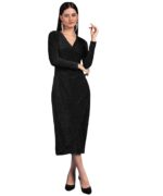 Women's Stylish Casual Evening Textured Full Sleeve V-Neck Bodycon Body Fitted Midi Dress, Maroon